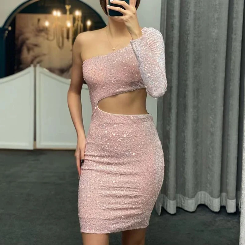 

Sexy Diagonal Collar Sequins Shiny Party Dress Women Spring One Shoulder Long Sleeve Bodycon Dress Autumn Hollow Office Dresses