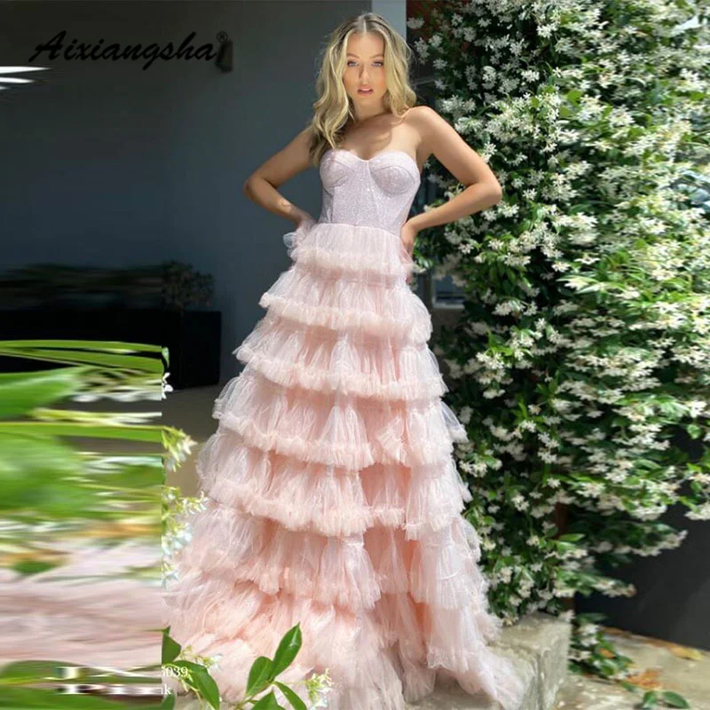 

Aixiangsha Princess Strapless Tiered Cake Dress Sleeveless Pink Evening Dress Ball Gown Prom Cocktail Vestido De Novia Custom