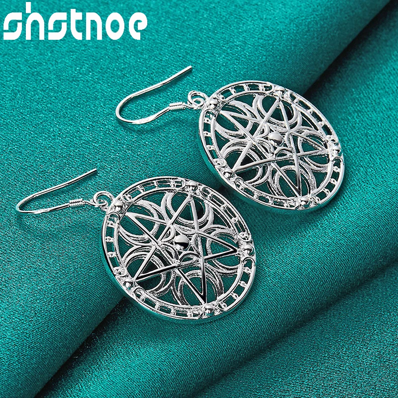 

925 Sterling Silver Round Pentagram Carving Pattern Drop Earrings For Women Party Engagement Wedding Birthday Gift Charm Jewelry