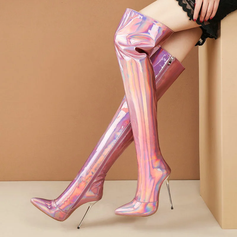 

2021 Women Over the Knee Boots Microfiber Sexy Women Thin High Heel Boots Side Zipper Pointed Toe Ladies Thigh Boots Purple Pink