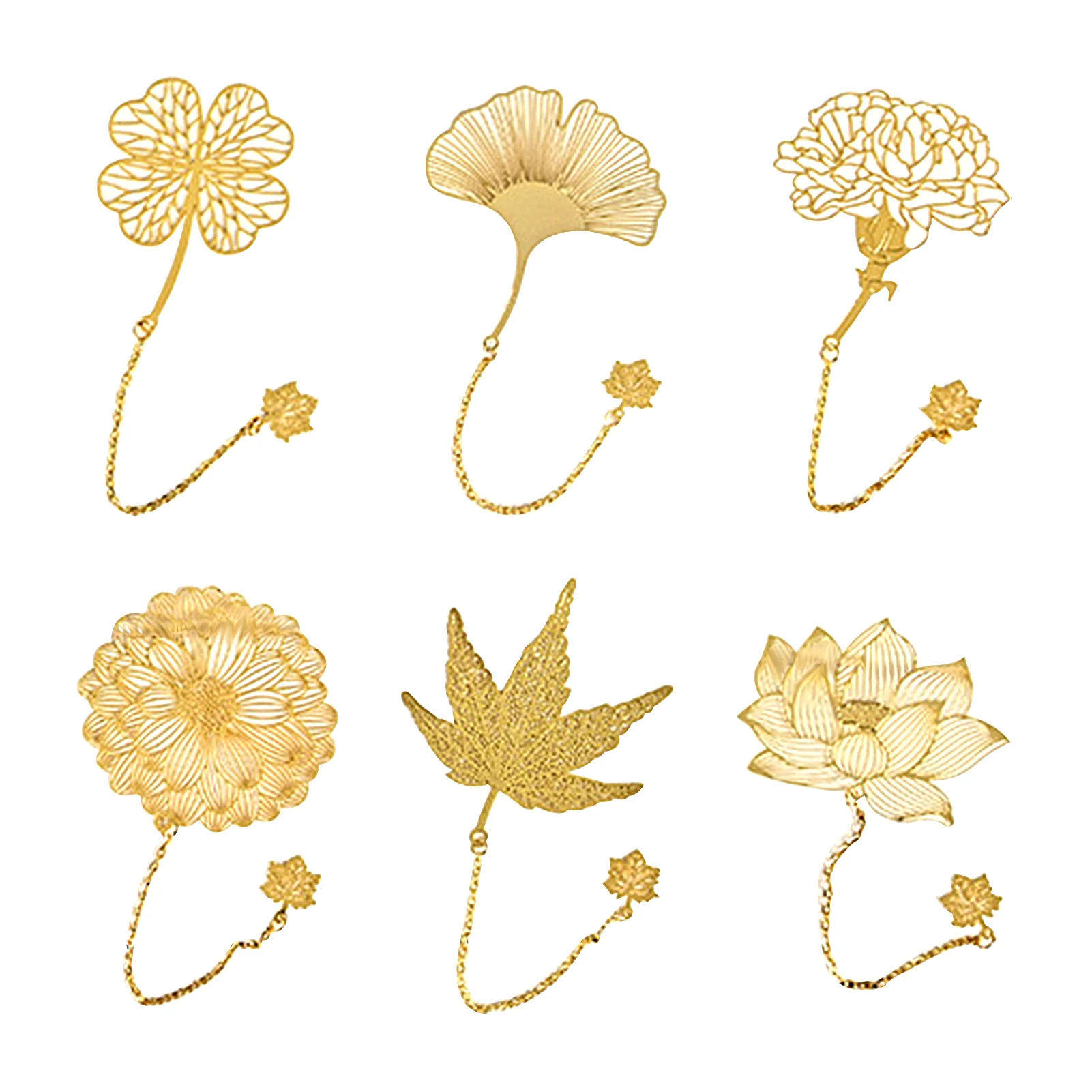 

6pcs Chinese Reading Metal Bookmark For Book Lovers Maple Leaf With Chain Elegant Brass Ginkgo Retro Men Women Lotus Hollow Gift
