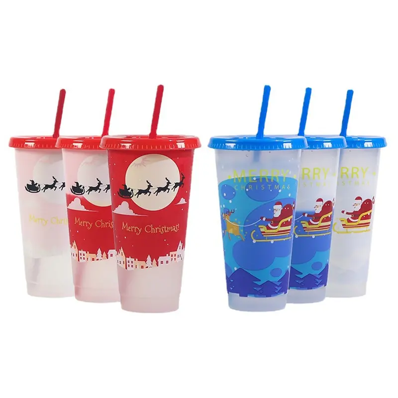 

710ml Straw Cup Reusable Christmas Color Changing Cups Plastic Cold Tumbler With Lids Party Drinks Portable Coffee Juice Mugs
