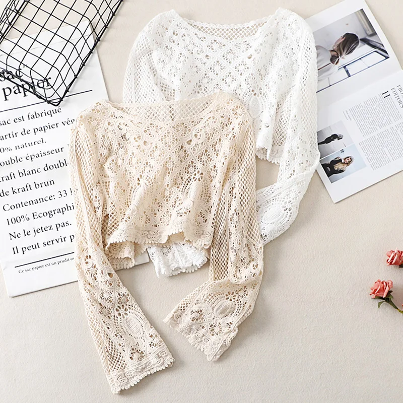 

Korean Hollow Out Lons Sleeve Vintage Lace Blouse Women Embroidery White Lace Shirt For Women 2022 Elegant Summer Lace Crop Tops