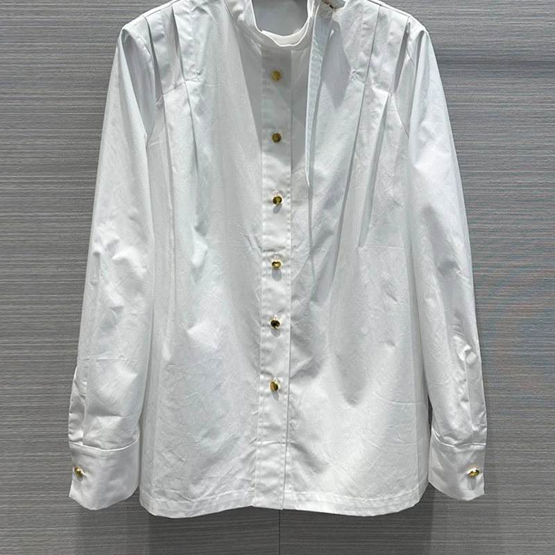 

23 Spring Vintage White Shirts 100% Cotton Metal Single Breasted Casual Basic Fashion Tops Elegant Office Blouses Women Clothes