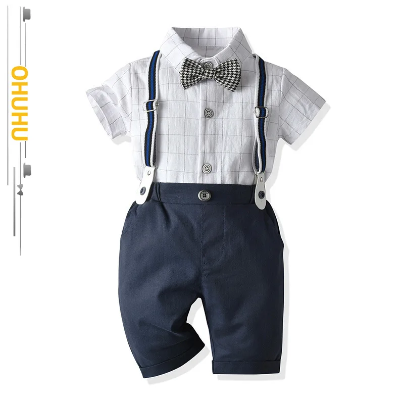 

2022 Summer New Formal Dress Boy's Clothing Section Plaid Gentleman Children's Short-sleeved Cropped Pants Three-piece Set 2189