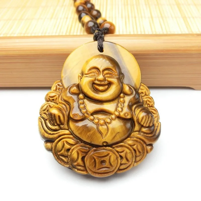 

Natural Tiger Eye Stone Jade Money Buddha Pendant Necklace Men Women Feng Shui Charms Tigers Eye Crystal Maitreya Lucky Amulet