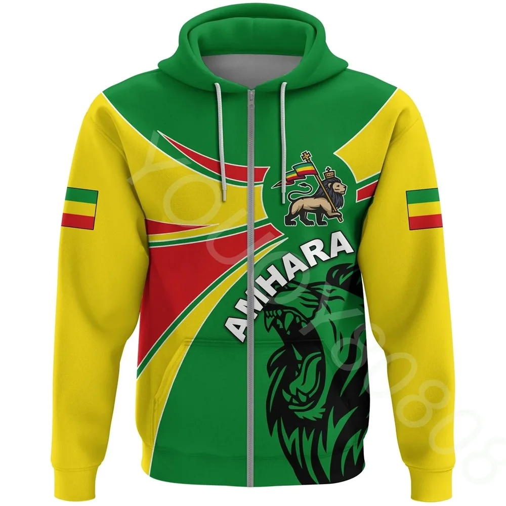 

2022 New Autumn Winter African Region 3D Printed Amhara Badge Lion Zip Hoodie Men's Casual Street Style Sweater