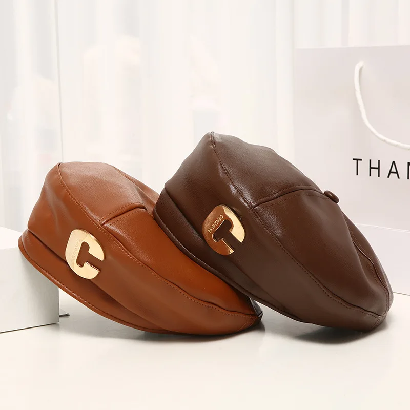 

New Fashion Women PU Leather Beret Hat Casual Street French Artist Cap Autumn Winter Retro Solid Color Black Beret Warm Beanie