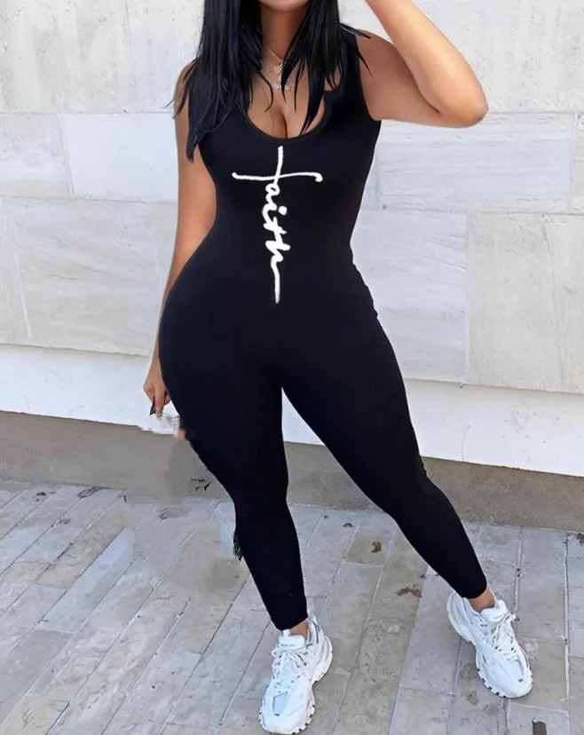 

Женский комбинезон без рукавов, повседневный Облегающий комбинезон в уличном стиле с буквенным принтом и U-образным вырезом, 2023