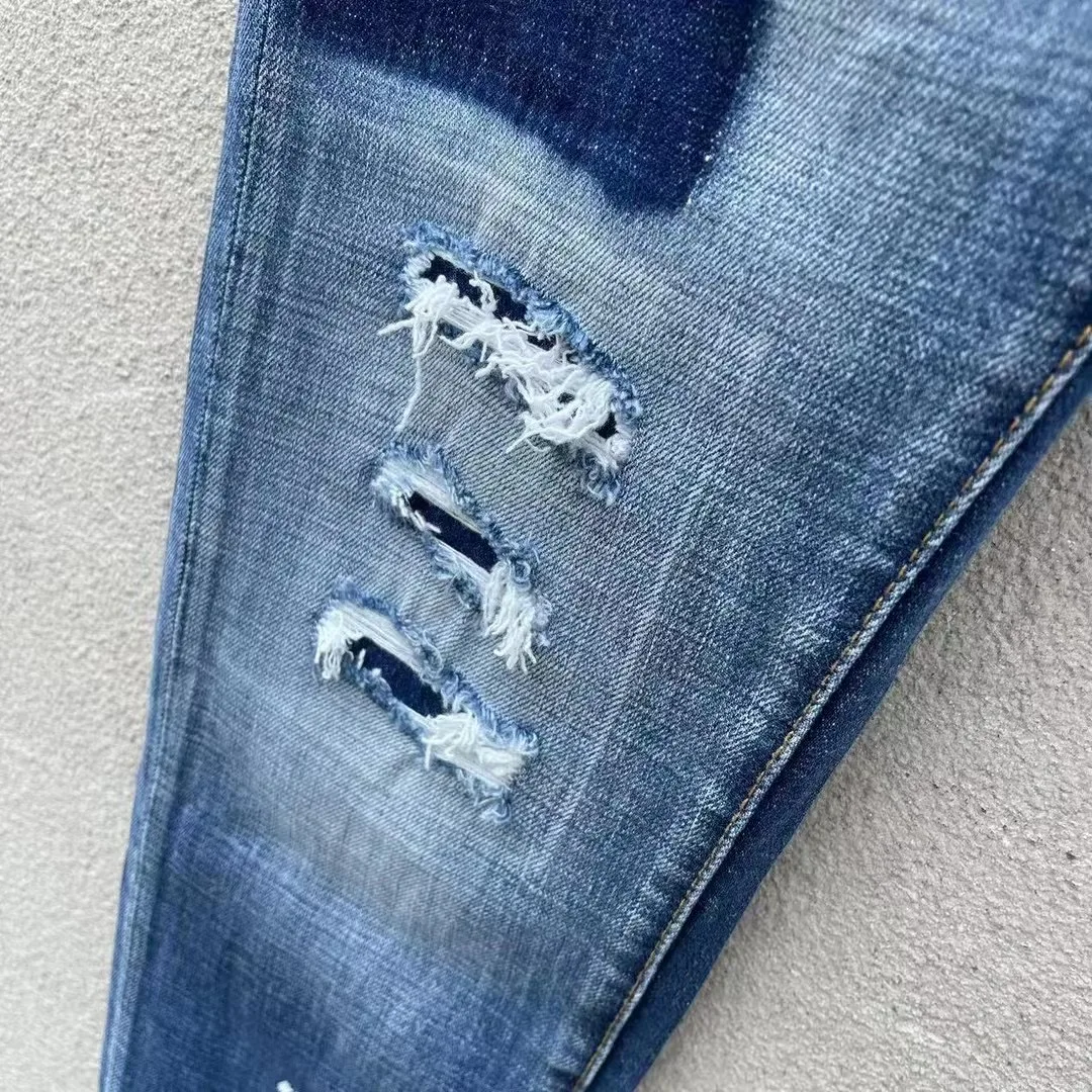 2023 Spring/Summer New D2 Jeans Men's Fashion Men's Water Wash Worn Hole Patch Paint Speckled Ink Small Foot Fit Blue