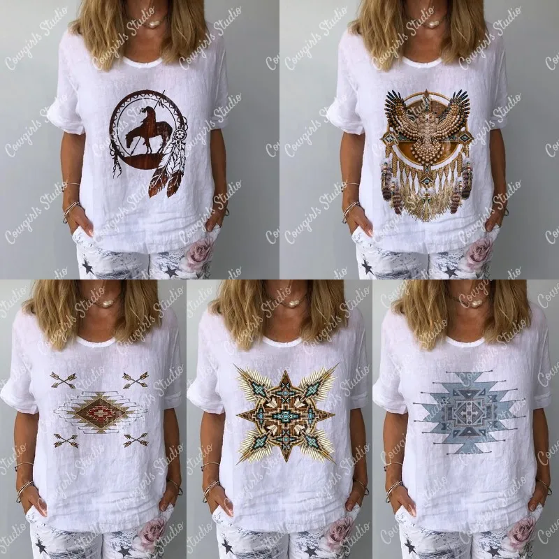 

Summer clothes for women retro ethnic print Tops Casual Loose Crew Neck T-shirt High quality Crew Neck Linen T-Shirt