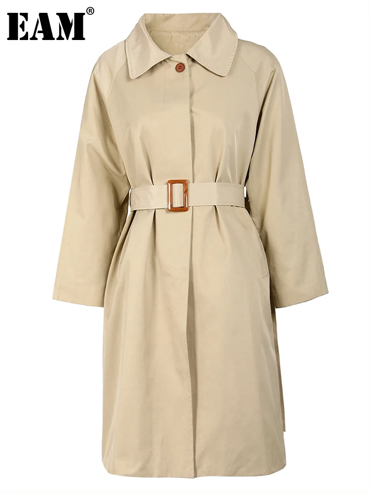

[EAM] Women Khaki Belted Causal Trench New Lapel Long Sleeve Loose Fit Windbreaker Fashion Tide Spring Autumn 2023 CPG0123