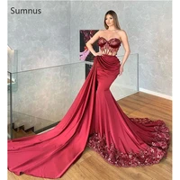 sumnus burgundy evening dresses 2022 strapless mermaid lace appliques long train sleeveless elegant robes de soir%c3%a9e vestidos de