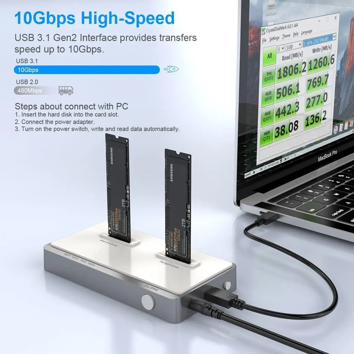 Стыковочная станция Dual-Bay NVME без инструментов Дубликатор M.2 для внешнего жёсткого