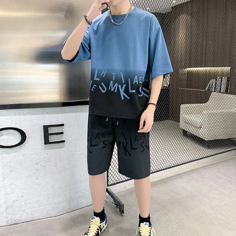 

Summer Mens Short Sets 2 Piece letter Print Tshirt+Shorts Casual Tracksuit Men Plus Size Streetwear Loose Cotton Sweat Suits