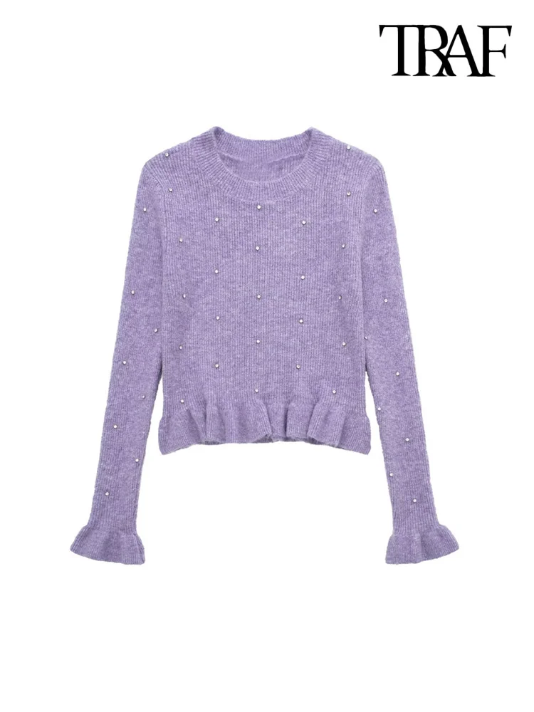 

Women Fashion With Ruffled Beading Crop Knit Sweater Vintage O Neck Long Sleeve Female Pullovers Chic Tops