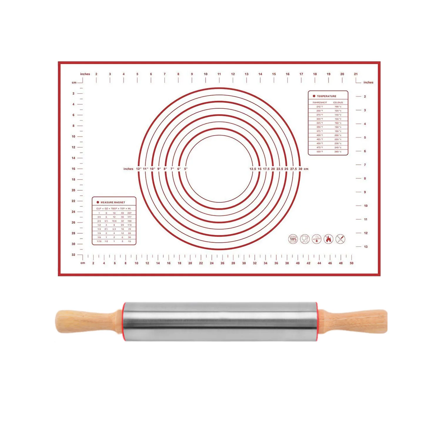 

17 Inch Stainless Steel Rolling Pin and Silicone Pastry Mat Set,for Baking Dough,Fondant,Dumpling,Pizza,Pie,Pastries