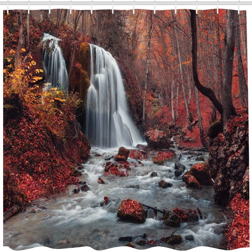 

Fall Nature Waterfall Shower Curtain Autumn Brown Paprika Forest Plant Stream Waterproof Bath Curtains Bathroom Decor with Hooks