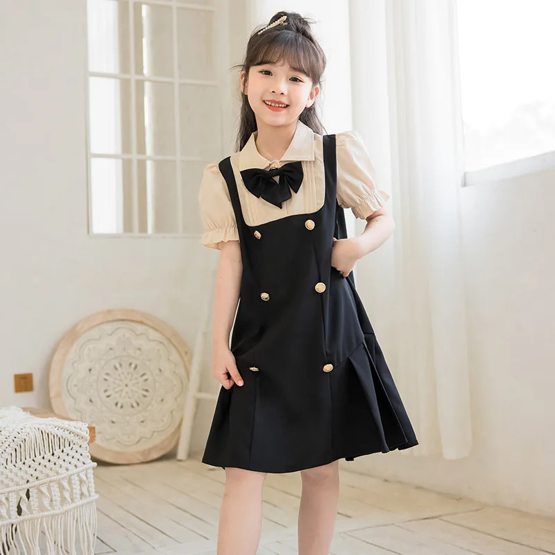 

6 To 16 Years Girls Summer Dress 2023 New Children Patchwork Clothing Fashion Preppy Style False Two-Piece Dress, #7444