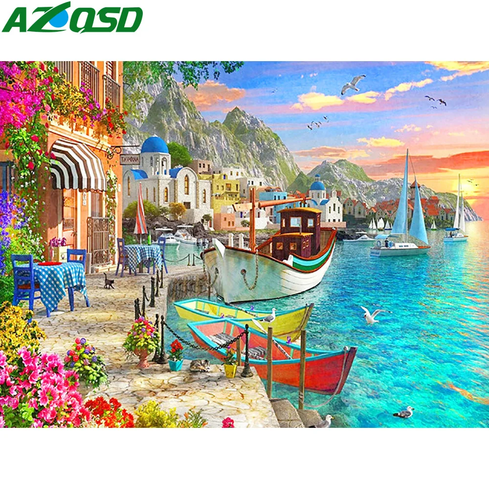 

AZQSD Diamond Painting New 2023 Seaside Harbour City Handicrafts Home Decor 5d Diy Embroidery House Boat Landscape Needlework