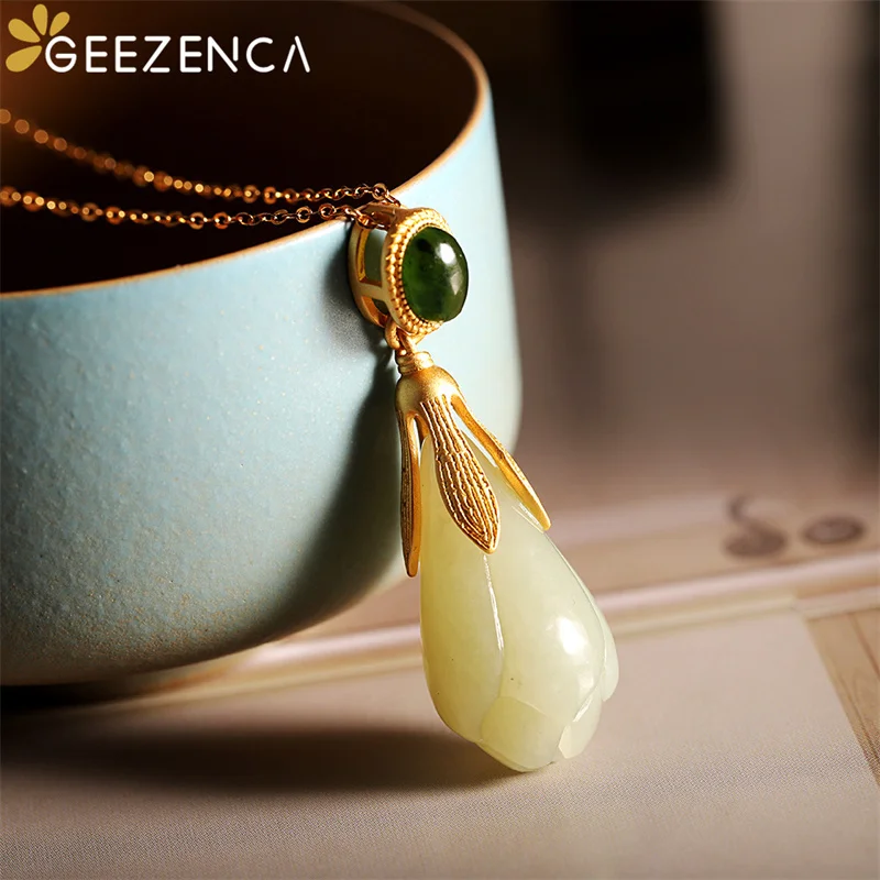 

Ожерелье GEEZENCA из серебра 925 пробы с покрытием из натурального нефрита, магнолии, цветов, зеленого халцедона, 45 см, ожерелья для женщин