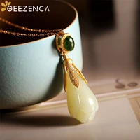 geezenca 925 silver gold plated natural jade magnolia flower pendant necklace inlaid green chalcedony 45cm necklaces for women