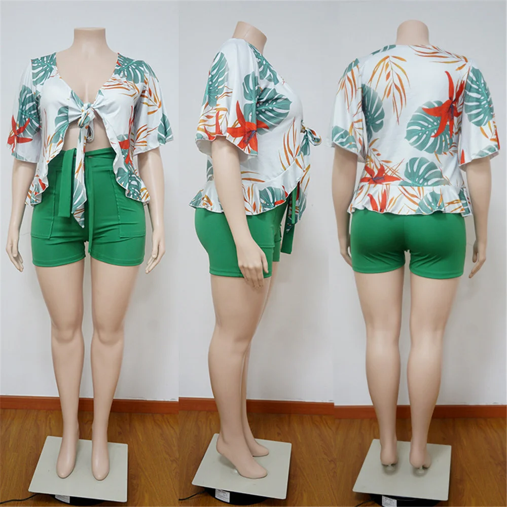 Plus Size Two Piece Set Women Summer Flowers Print Crop Top Short Sets Beach Style Matching Set Wholes 3xl 4xl 5xl 6xl