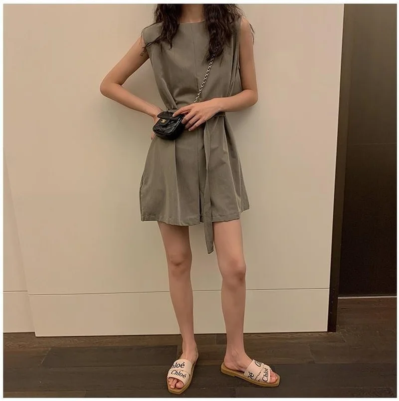 Summer High Waist Wide Leg Jumpsuit Gray Black Bodysuit Shorts New Women Chic Fashion Y2k Roupas Femininas 2021 Women Overalls