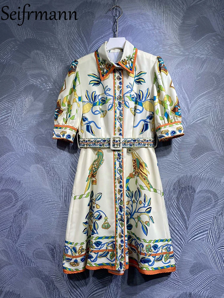 

Seifrmann High Quality Summer Women Fashion Designer Midi Dress Short Lantern Sleeve Belt Crystal Colorblock Shirt Style Dresses