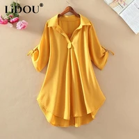 summer korean fashion solid midi chiffon shirt women asymmetrical short sleeve oversized loose casual blouse top female clothing