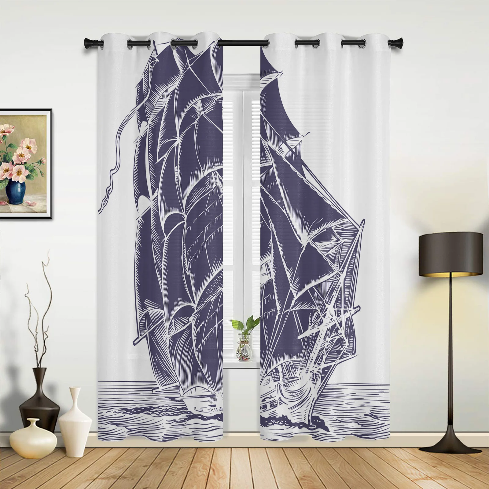 

Pirate Ship Nautical White Curtains for Bedroom Living Room Drapes Kitchen Children's Room Window Curtain Modern Home Decor