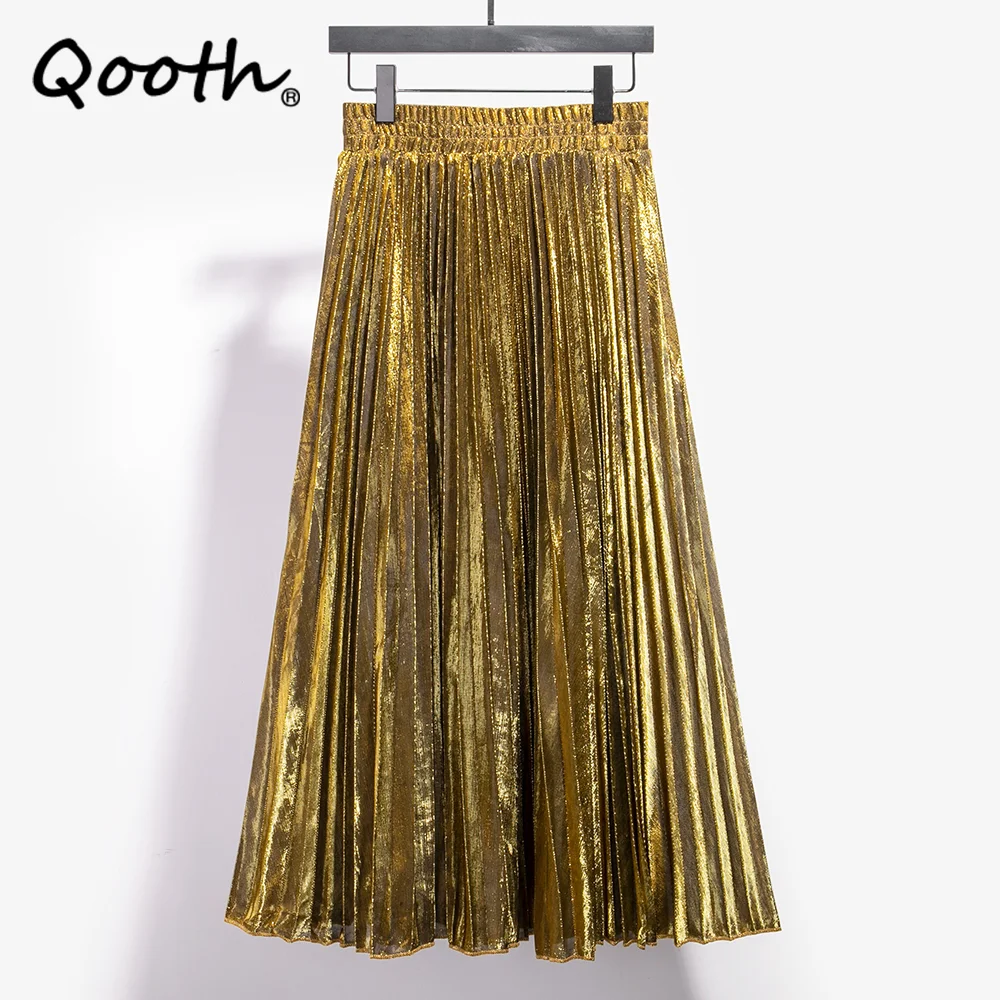 

Qooth Spring Autumn Skirt Women's Elastic Waist Retro Luster Elegant Rulex A Line Maxi Skirts QH1758
