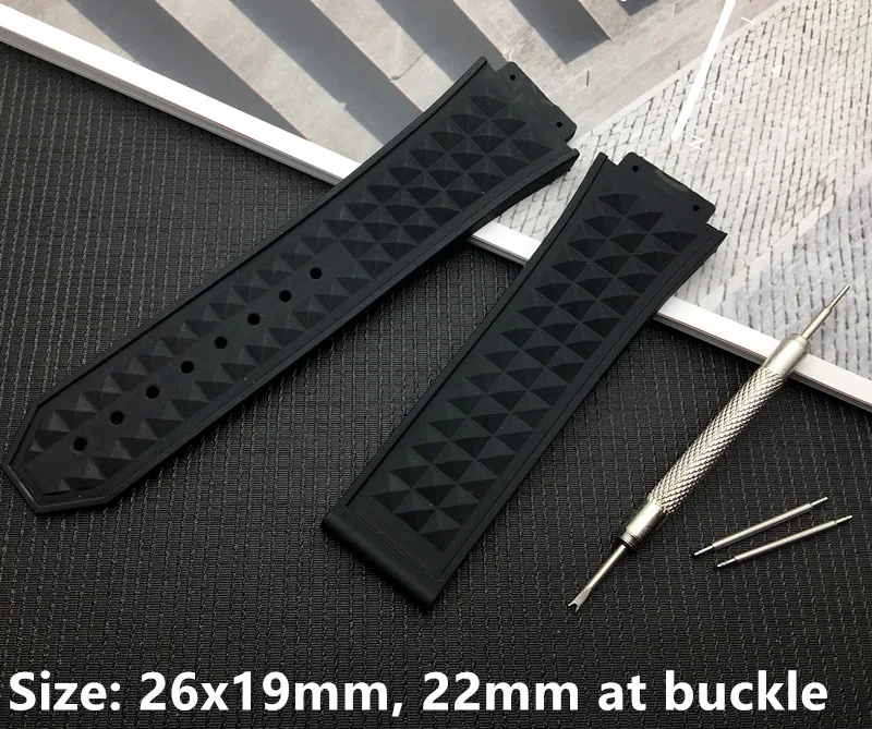 

26x19mm black Silicone Rubber Watchband Waterproof Wrist Bracelet steel Buckle For Hublot strap for Big Bang watch band tools