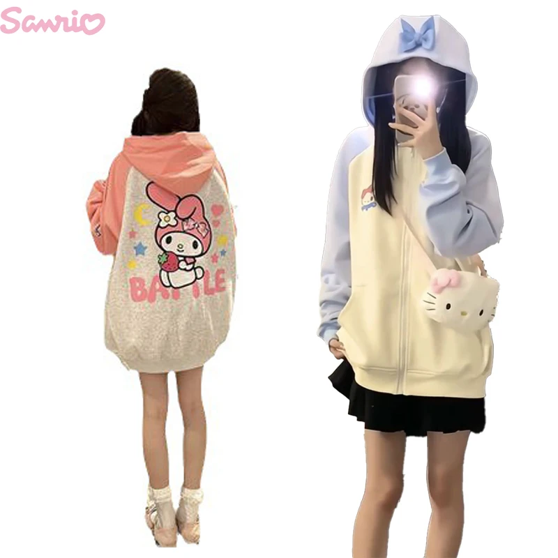 

Sanrio Hello Kitty My Melody Hoodies Female Autumn Retro College Style Cardigan Hooded Jacket Loose Versatile Design Sweatshirt