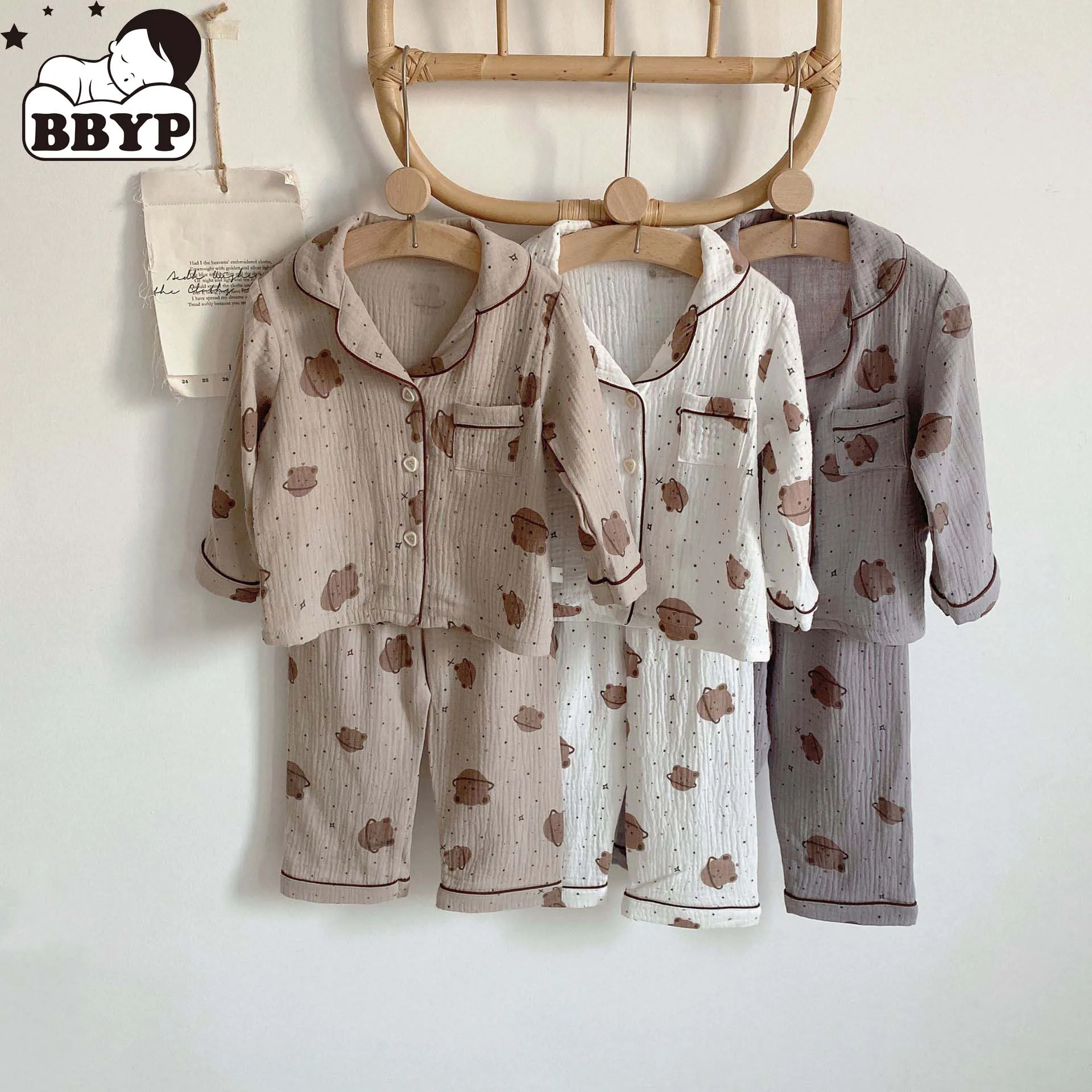 

1-7Y Kids Pajama Sets Baby Boys Grils Sleepwear Bear Printed Long Sleeve Lapel Tops + Long Pants Children Pajama Nighwear