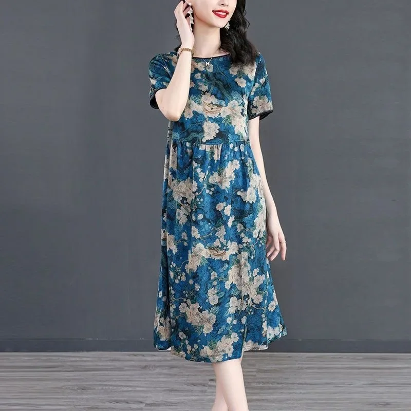 Элегантное платье из ледяного шелка с принтом для женщин лето 2023 новый стиль