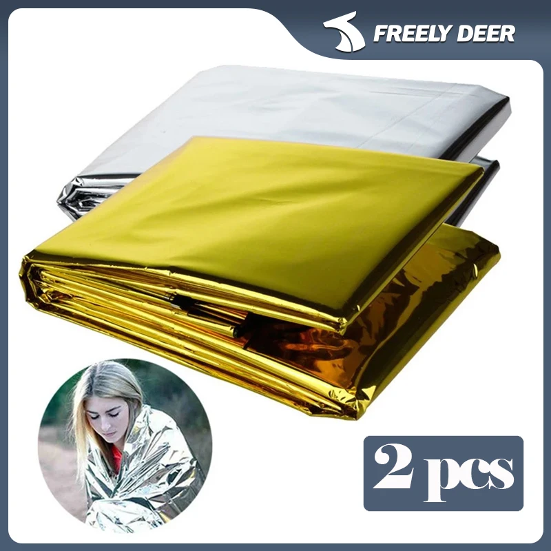 2pcs Emergency Blanket Outdoor Survival First Aid Military Rescue Kit Windproof Waterproof Foil Blanket for Camp Hiking Thermal