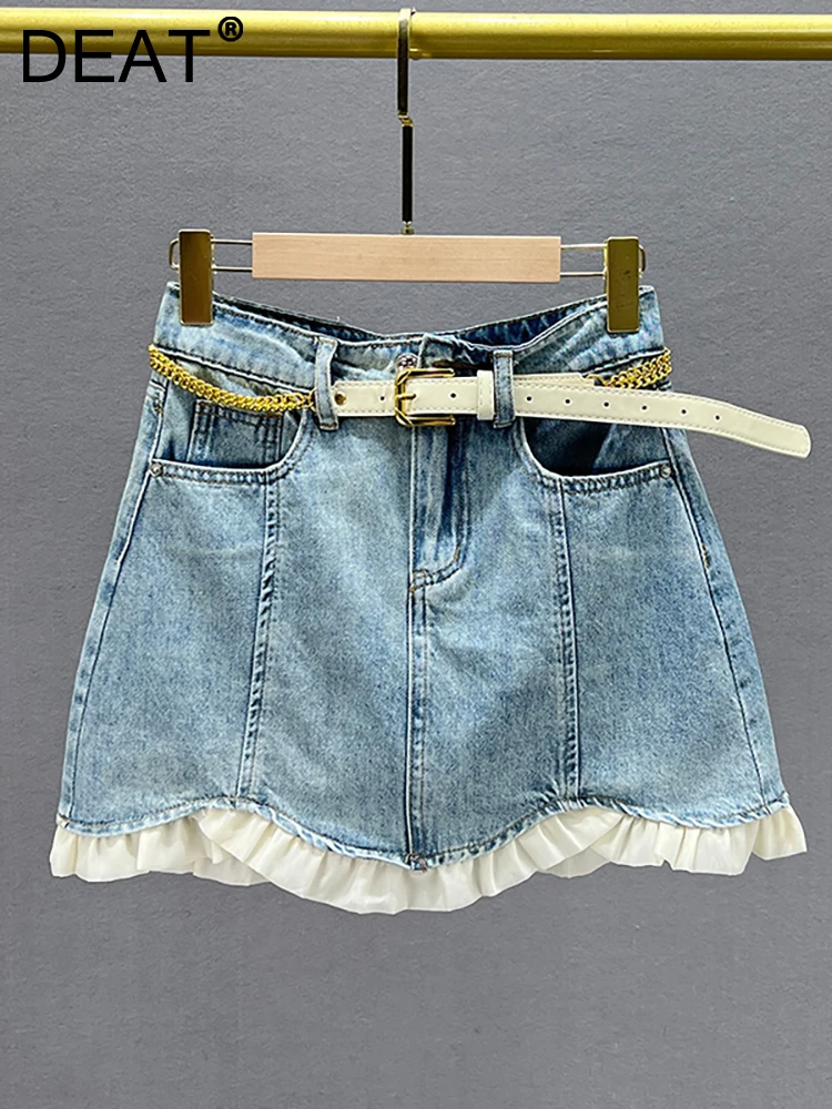 

DEAT Women's Denim Skirt Patchwork Irregular Ruffles Edge High Waist Blue A-line Mini Skirts 2023 Summer New Fashion 29L2429