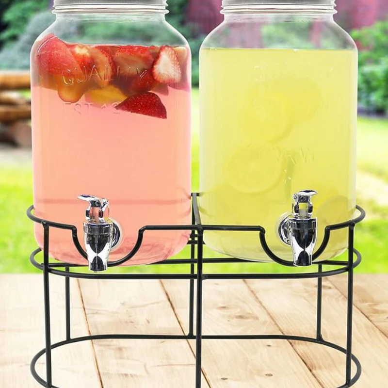 

Glass Mason Jar Double Beverage Drink Container Dispenser On Metal Stand With Leak Free Spigot, 1 Gallon Each