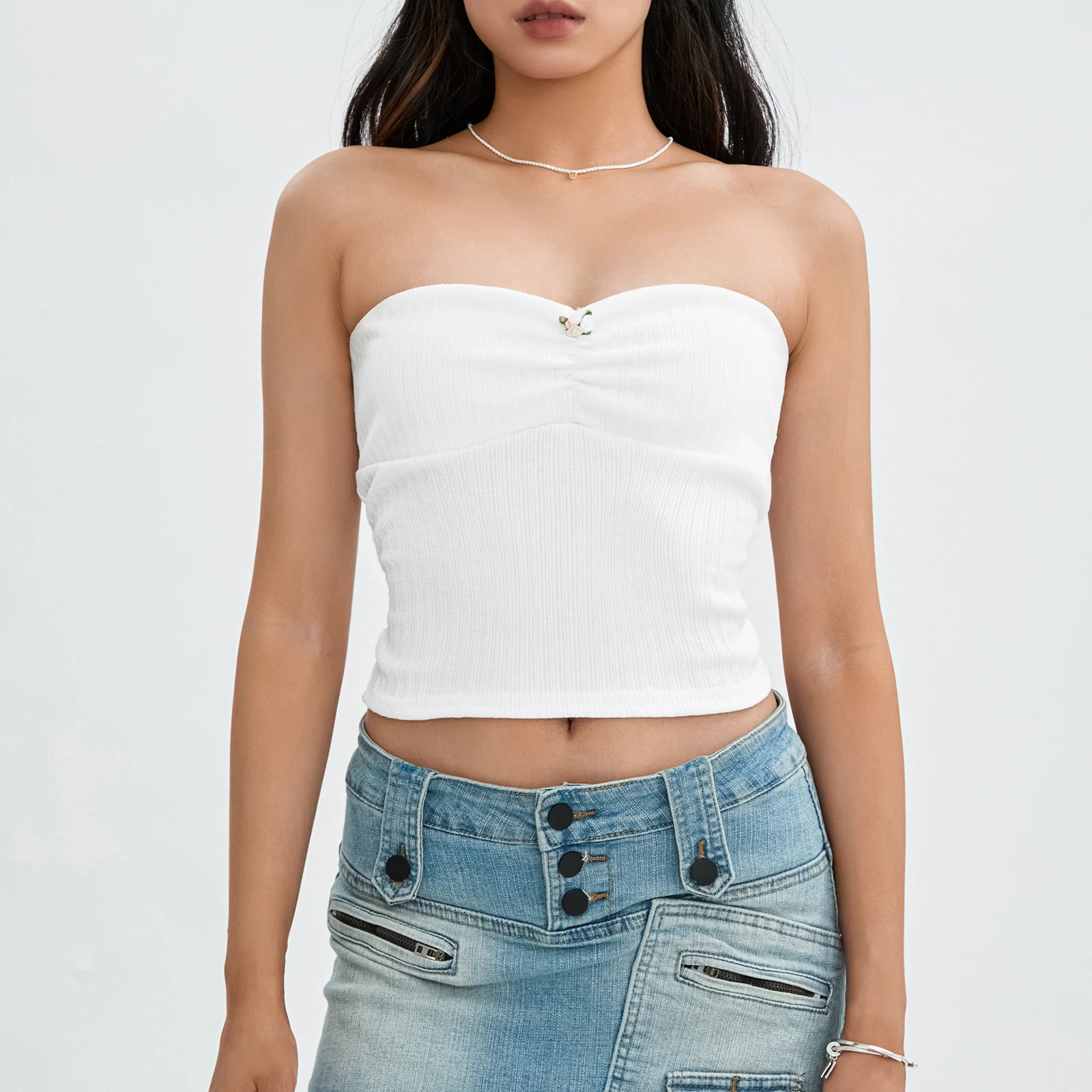 

Women's Flower Ruched Tube Tops Summer Strapless 3D Rosette Solid Color Slim Fit Bandeau Tops Streetwear