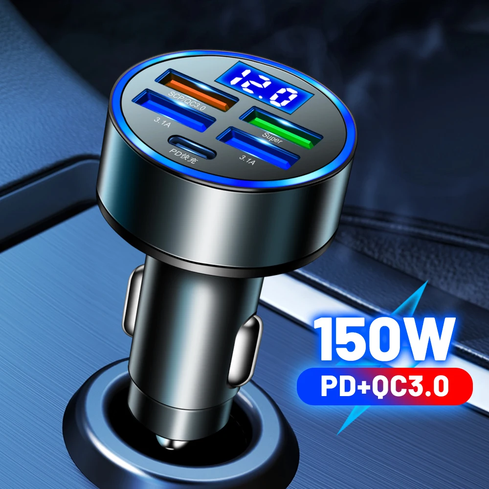 

150W LED Car Charger 5 Ports Fast Charge PD QC3.0 USB C Car Phone Charger Type C Adapter in Car For iphone Samsung Huawei Xiaomi