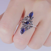 milangirl vintage silver color leaves shaped mirco paved blue water drop crystal rhinestone zircon female ring for women jewelry