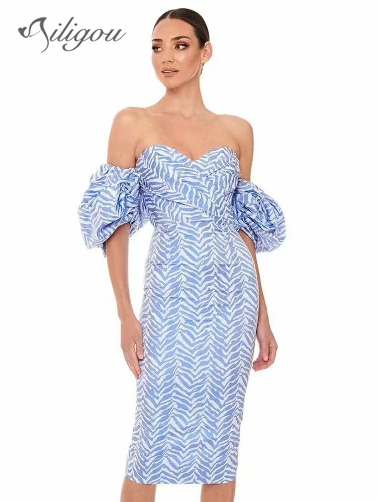 

Ailigou 2022 New Women's Fashion Sexy V Neck Puff Sleeves Open Back Draped Skinny Mid Length Slit Print Elegant Party Club Dress