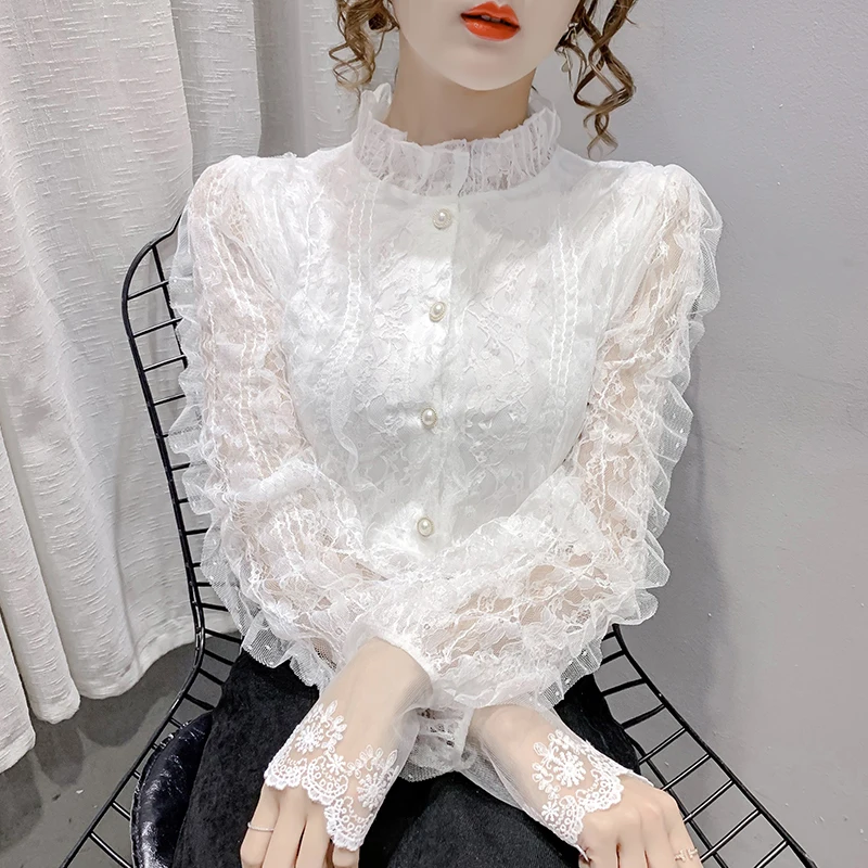 

blusas mujer de moda verano 2022 New regular slim long-sleeved Blouse Shirts Women Tops Lace Loose Ruffle Vintage Shirts 20H