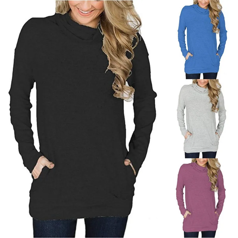 

Popular Women's 2022 New Solid Color Pile Neck Pocket Slim Fit T-shirt