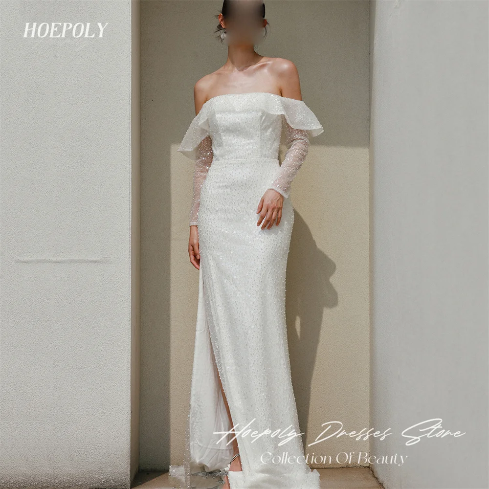 

Hoepoly Luxury Sequined Strapless White Off The Shoulder Full Sleeve Mermaid Evening Dress High Slit Long Prom Gown New 프롬드레스
