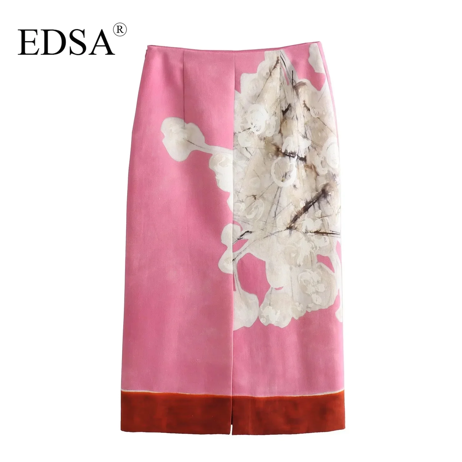 Женская юбка-карандаш средней длины с цветочным принтом и разрезом сзади