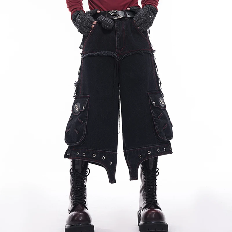 FEWQ брюки из искусственной кожи мужские джинсы осень-зима прямые 2024 темная одежда