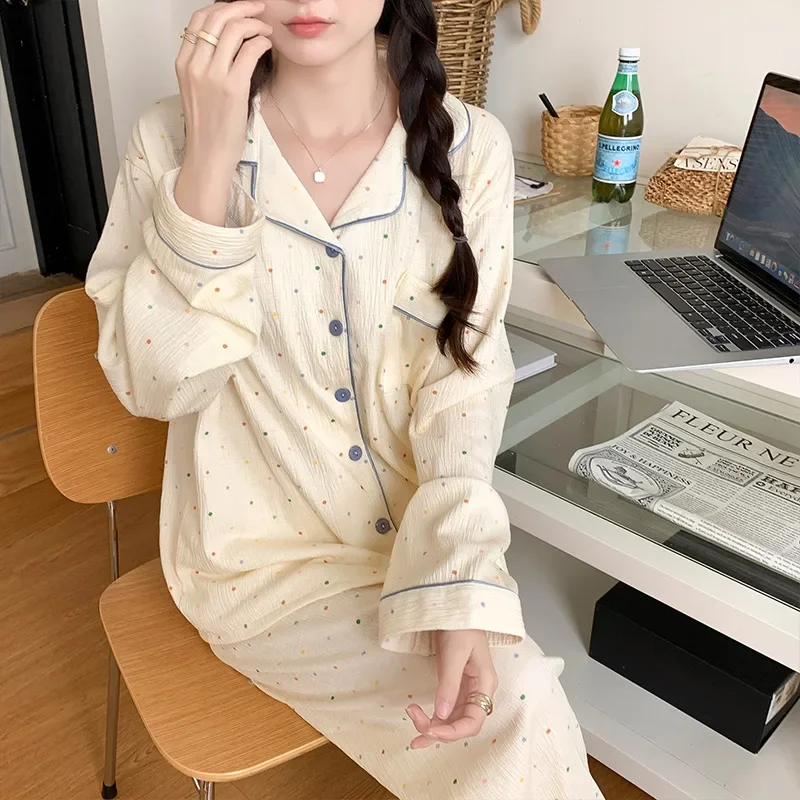Новые милые женские пижамы в горошек с длинными рукавами весенне-осенний