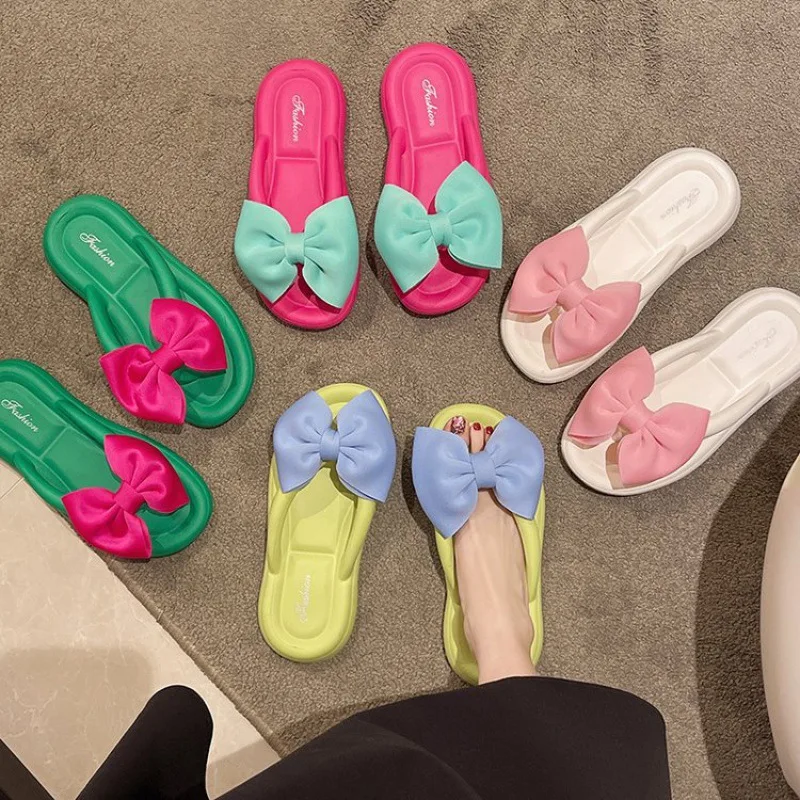 Bow tie Flip Flops Soft Sole Cloud Slippers Woman Summer Platform Flat Heels Sandals Women Slides Bowknot Outdoor Beach Shoes